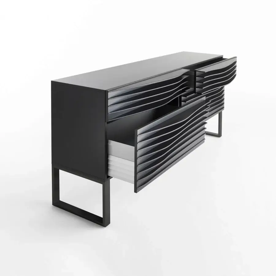 Distinguished Horm Tide dresser with a sculpted front built in evenly-spaced MDF sheets and glossy black finish