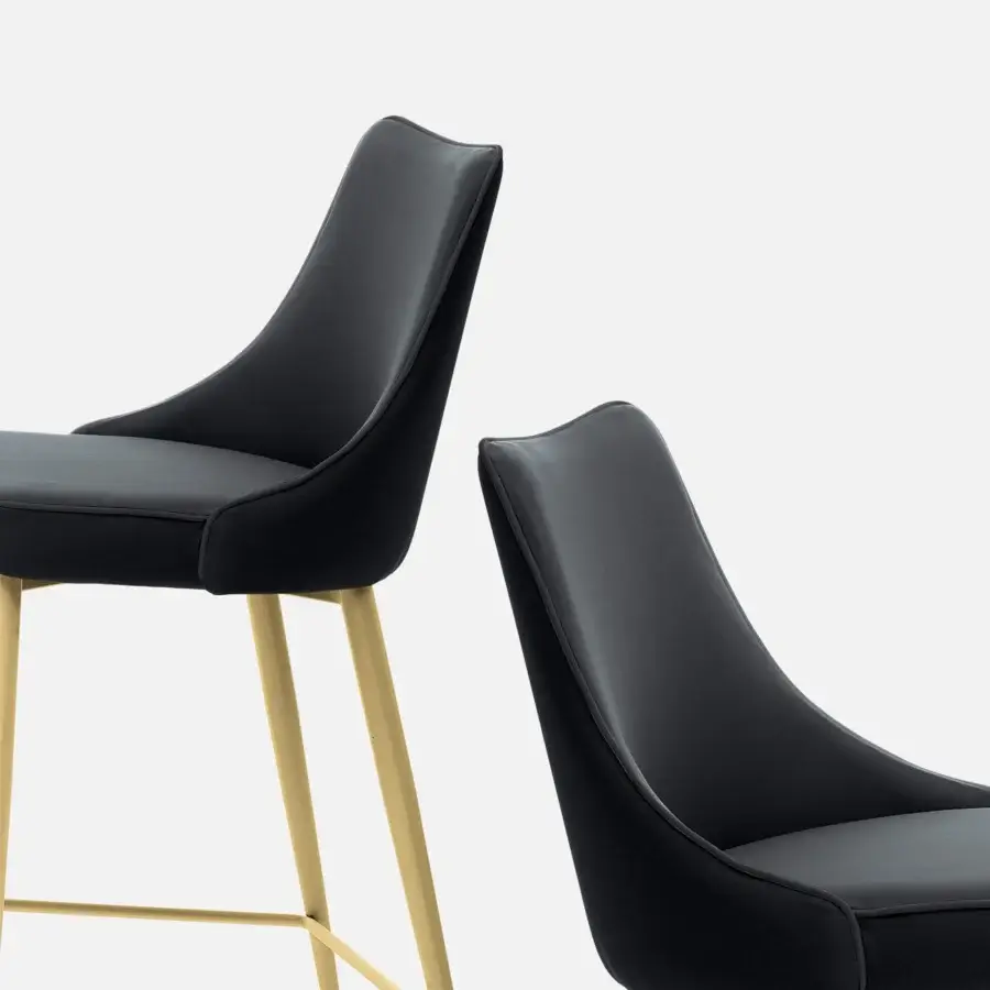 Elegant Bontempi Clara stool with black synthetic leather and matte finish metal legs presents a curved silhouette