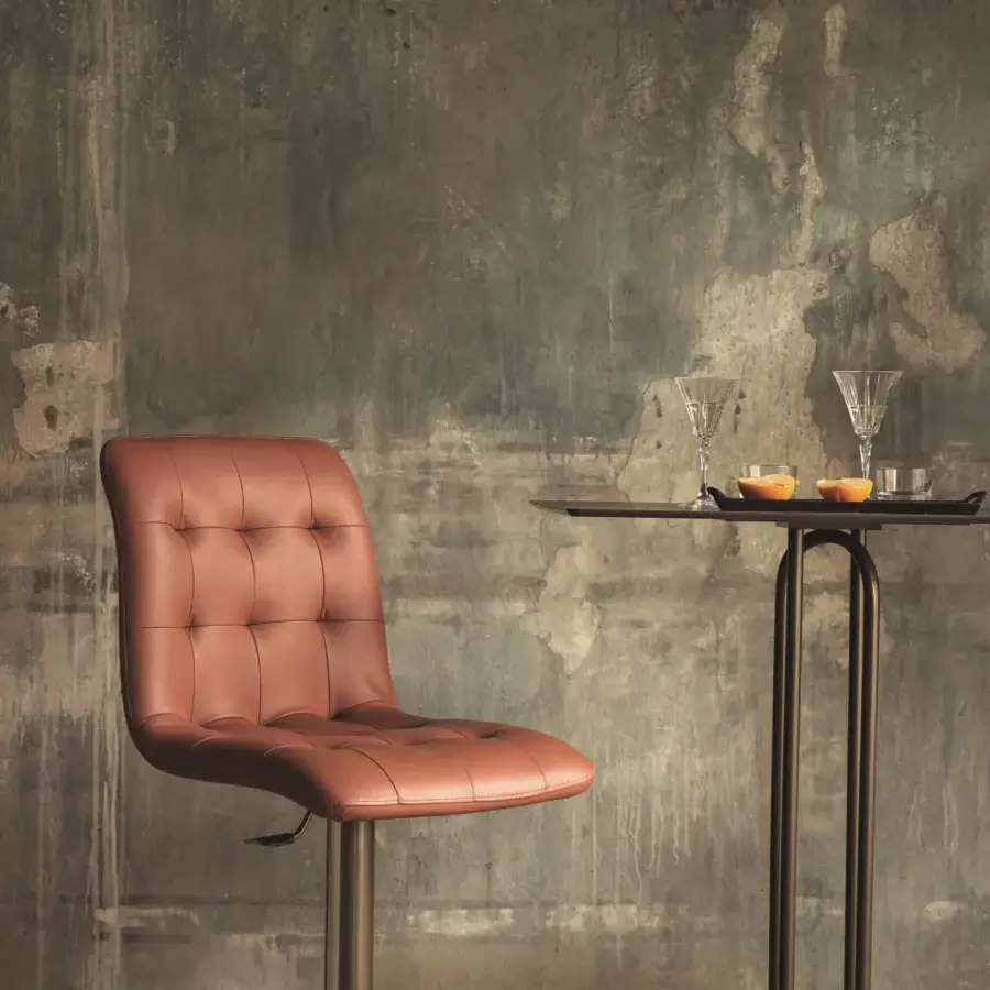 Exceptional Bontempi Kuga stool in light brown synthetic leather with tufted detailing and satin metal base