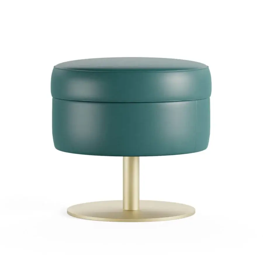 Frisbee stool, teal leather upholstery, rounded cylindrical shape, brushed brass pedestal, minimalist modern design, studio shot.