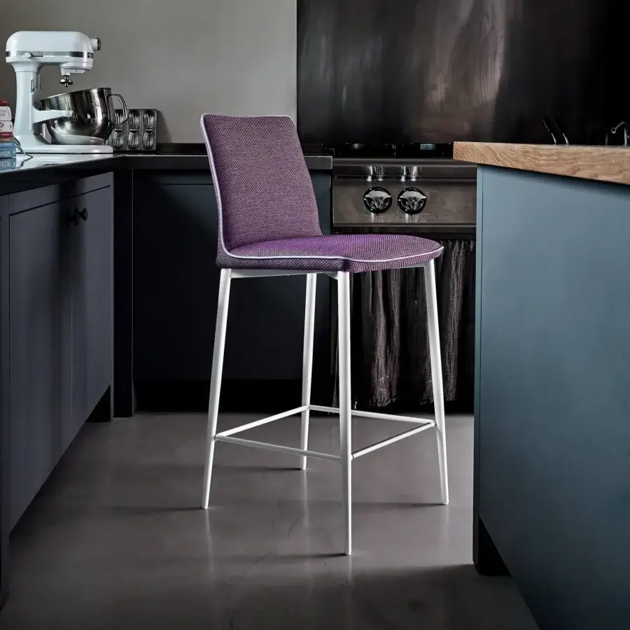 Distinguished Bontempi Nata stool upholstered in textured purple textile with white trim and slender white metal legs