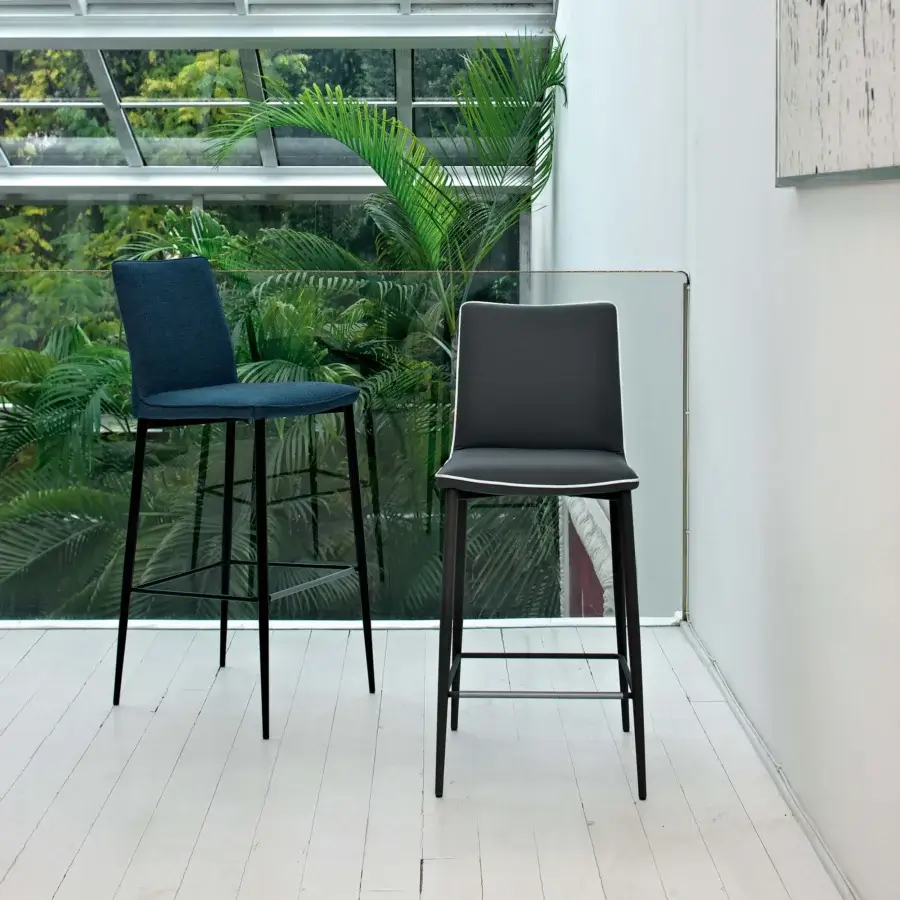 Superior Bontempi Nata stool with sleek blue fabric and black metal legs, crafted with subtle piping
