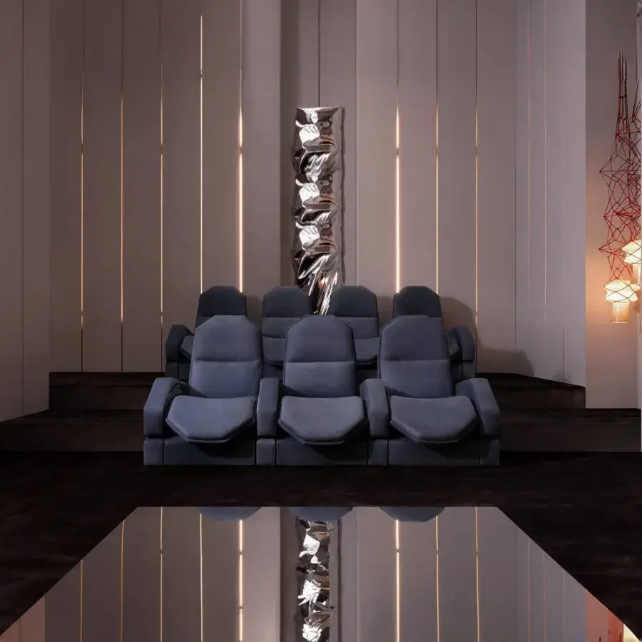 Exceptional Mascheroni Jurij home cinema seating upholstered in muted blue-gray textile with matte finish and supple leather accents
