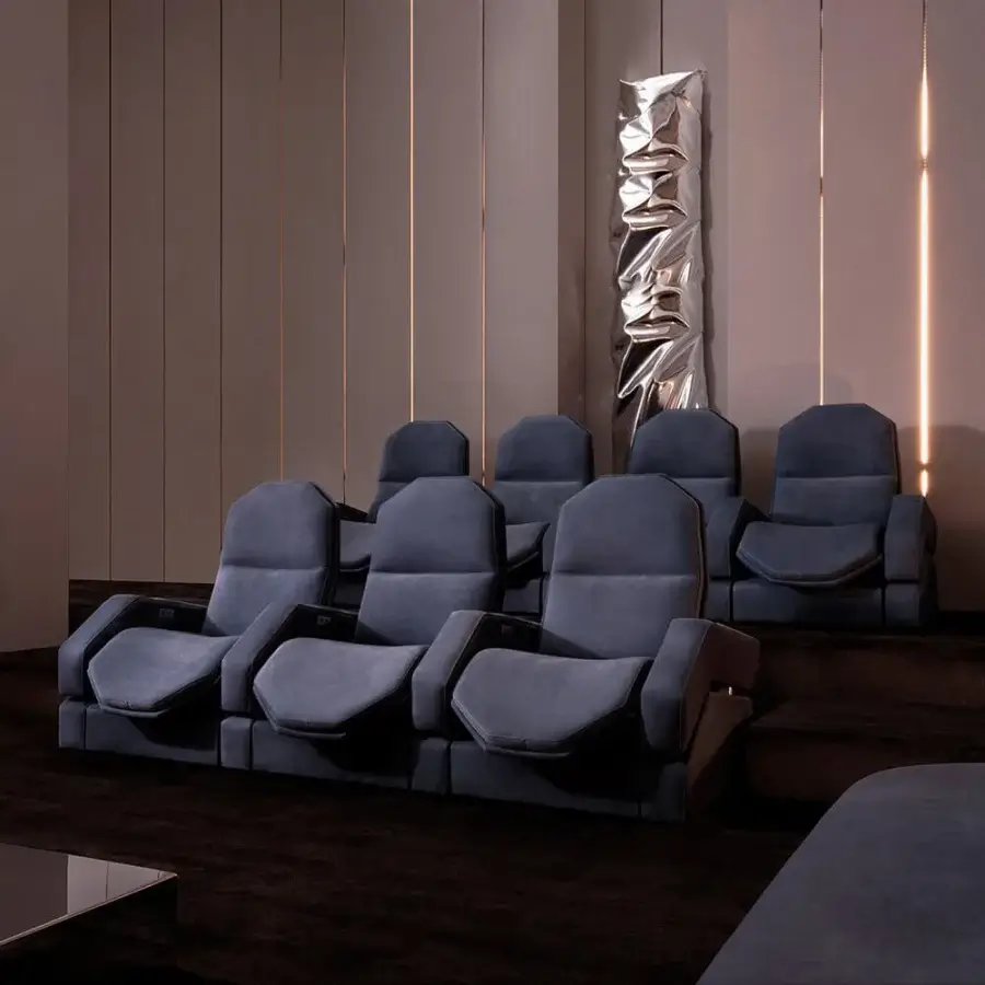 Distinguished Mascheroni Jurij home cinema seating crafted in dark blue-gray textile with integrated controls and supple leathers