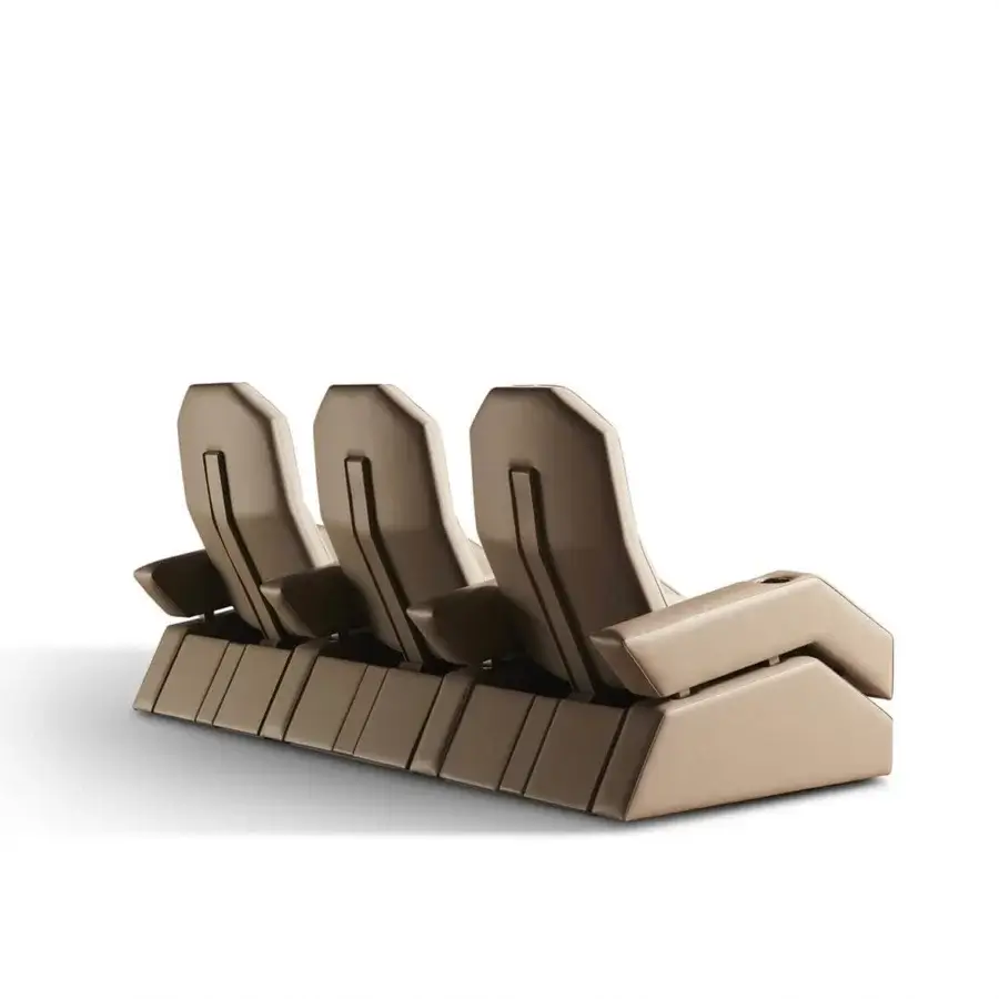 Distinguished Mascheroni Jurij home cinema seating with light brown leather and geometric connected base offering customized reclining