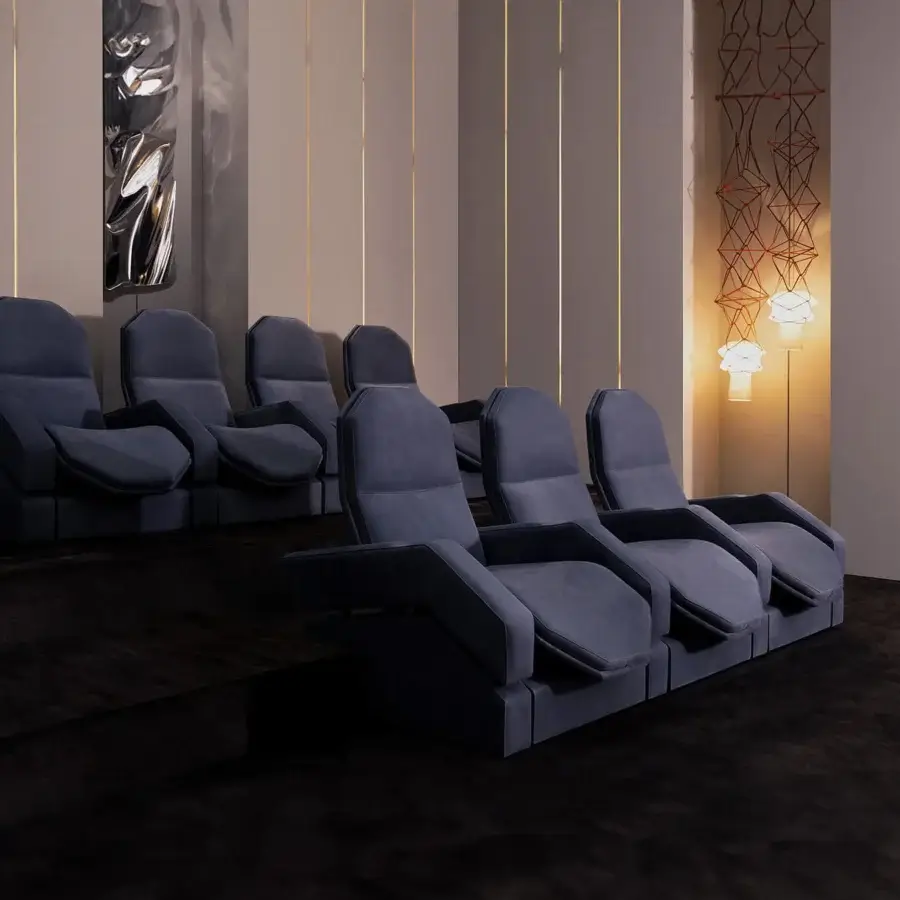 Exceptional Mascheroni Jurij home cinema seating upholstered in deep blue-gray matte textile with ergonomic design and adjustable reclining positions