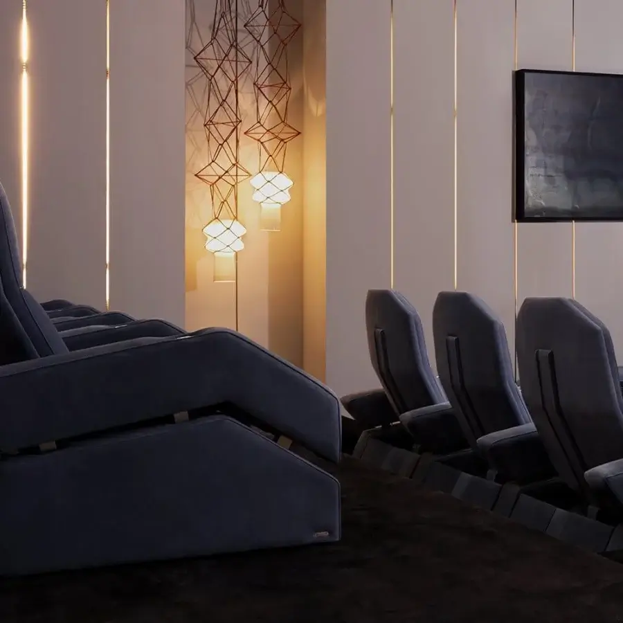 Distinguished Mascheroni Jurij home cinema seating upholstered in matte dark blue textile with integrated controls for reclining comfort