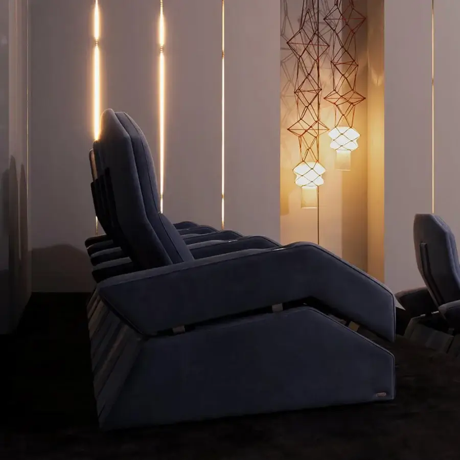 Exceptional Mascheroni Jurij home cinema seating with plush Mascheroni leather upholstery and ergonomic design in dark blue textile
