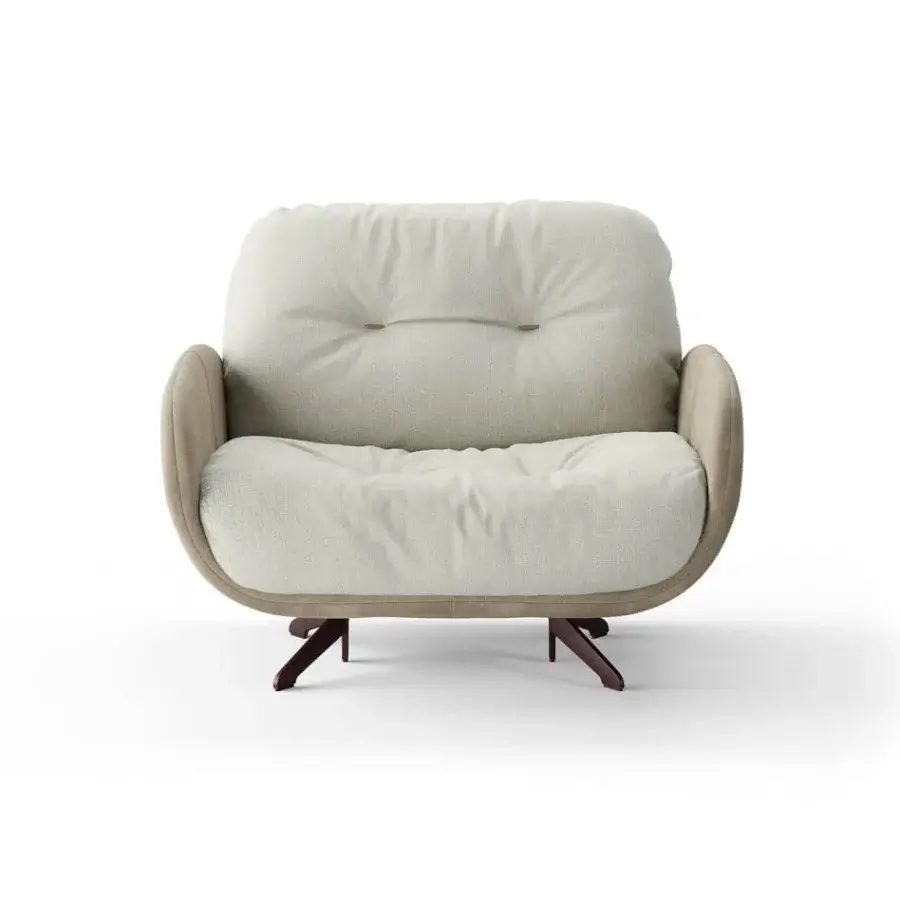Superior Borzalino Ayton lounge chair with tan leather structure and textured off-white fabric cushions supported by lacquered dark brown metal