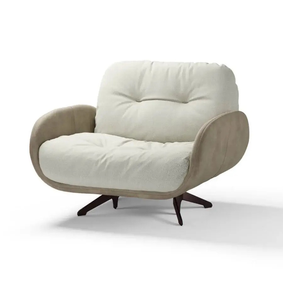 Lavish Borzalino Ayton lounge chair with cream fabric cushions and tan leather frame built with dark brown lacquered metal feet