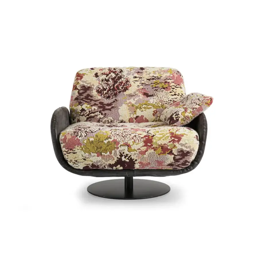 Superior Borzalino Ayton lounge chair built with patterned fabric cushions and lacquered metal swivel base in leather upholstery