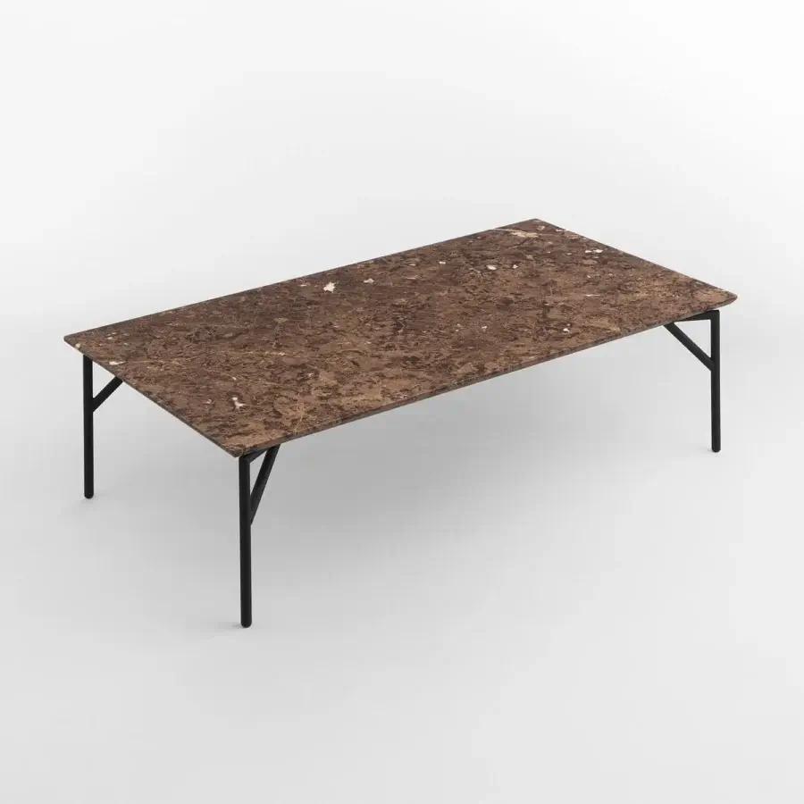 Distinguished Horm Tout Le Jour coffee table built with mottled brown composite and matte black metal legs