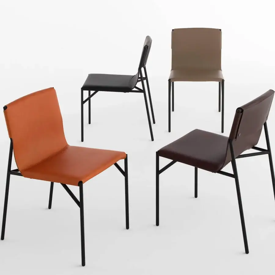 Elegant Horm Tout Le Jour chair with tan leather and a sleek black metal frame crafted in Italy