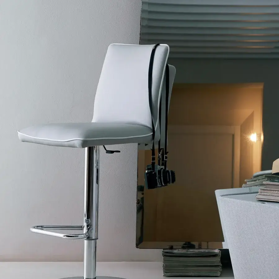 Exceptional Bontempi Nata stool crafted in Italy with light gray upholstery, white edging and polished metal support