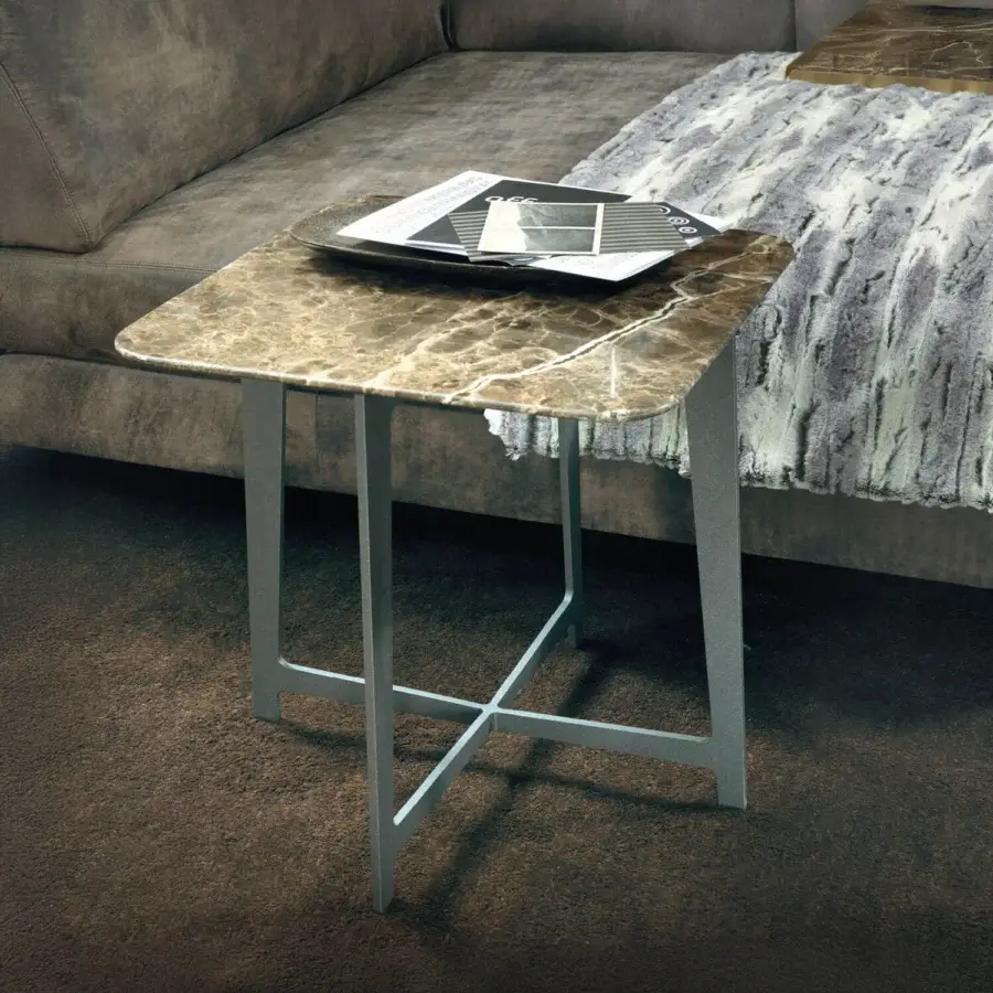 Distinguished Borzalino B Series coffee table with brown and tan marble top and silver-colored matte metal x-shape base crafted in Italy