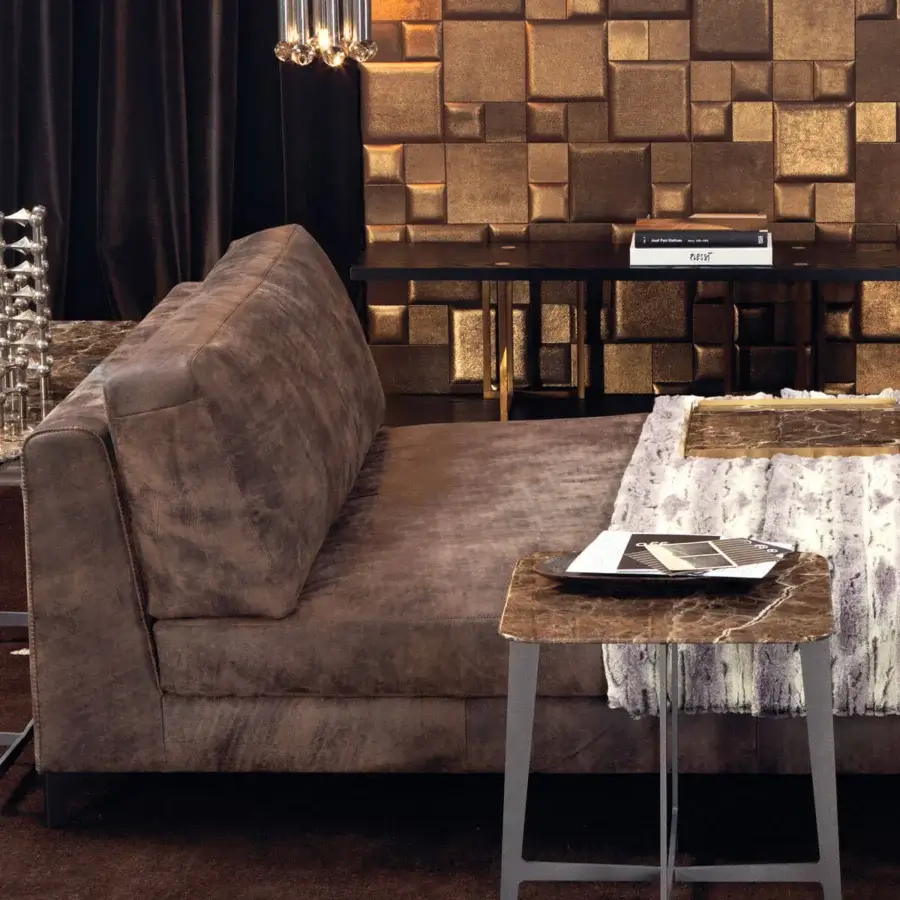 Sophisticated Borzalino B Series coffee table with a brown and beige marble top and matte gray metal base