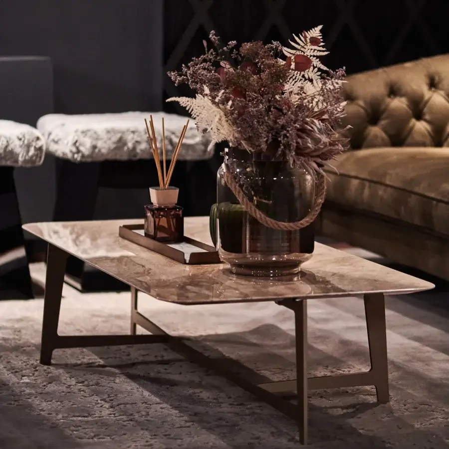 Exceptional Borzalino B Series coffee table with a warm brown marble top and lacquered metal base