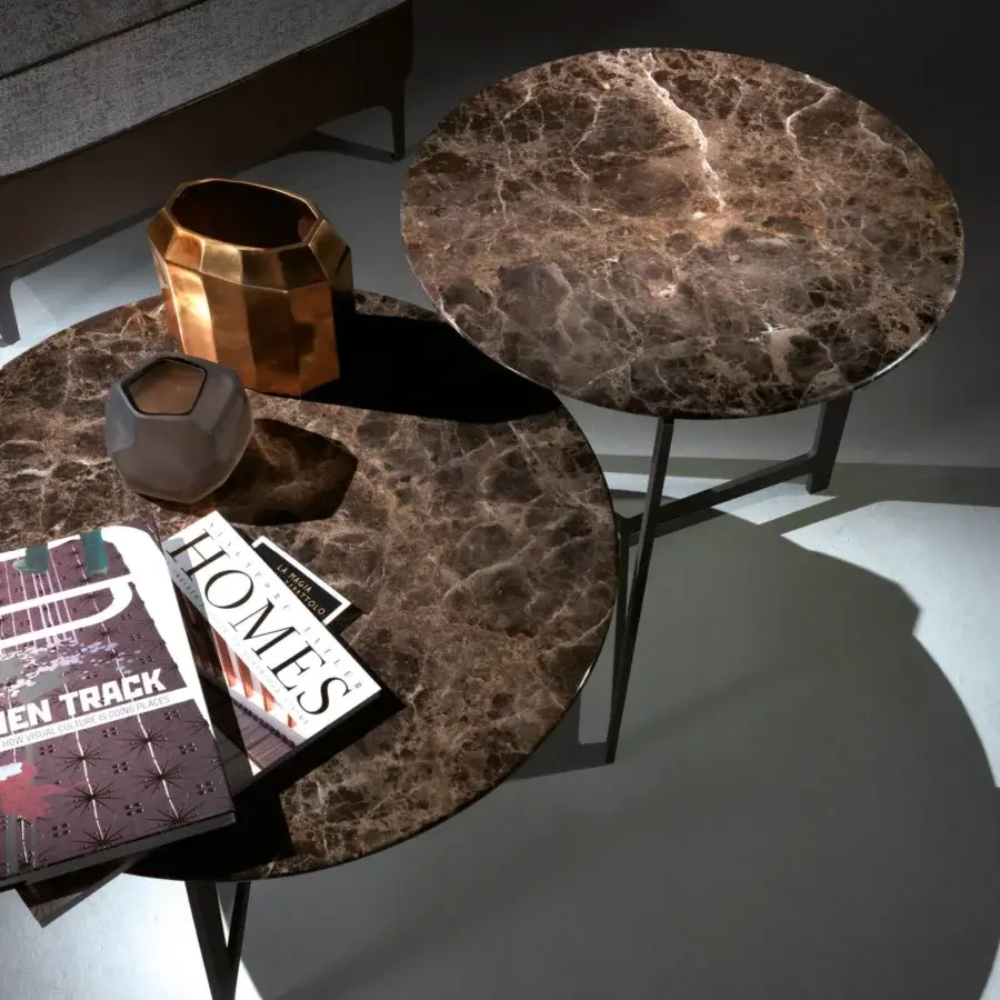 Lavish Borzalino B Series coffee table with a polished brown and tan marble top and dark lacquered metal base