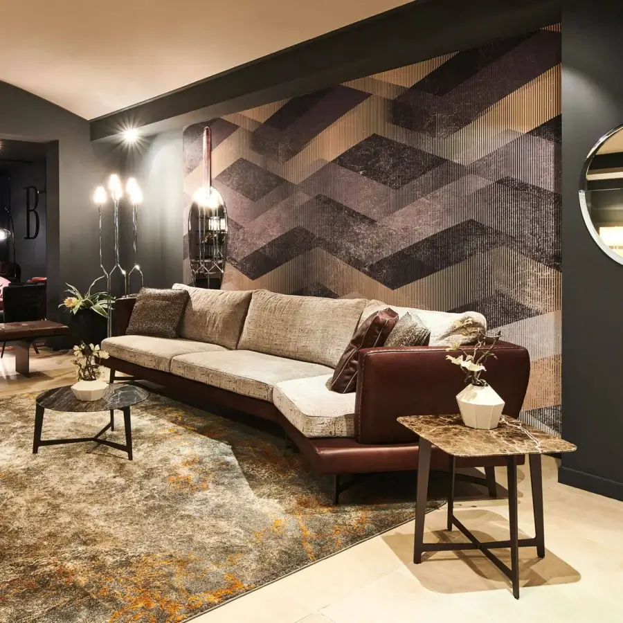 Superior Borzalino B Series coffee table with brown, tan and grey veined marble top and black lacquered metal legs