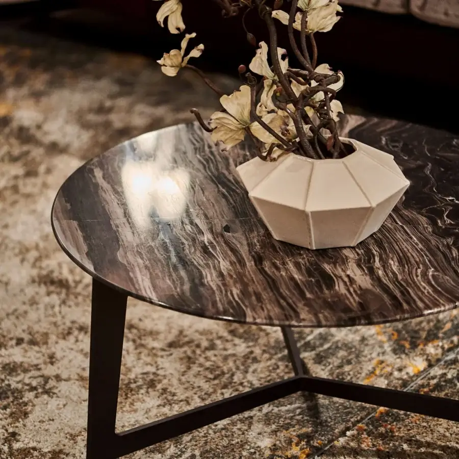 Distinguished Borzalino B Series coffee table with swirling gray, black and white marble top in glossy lacquered metal