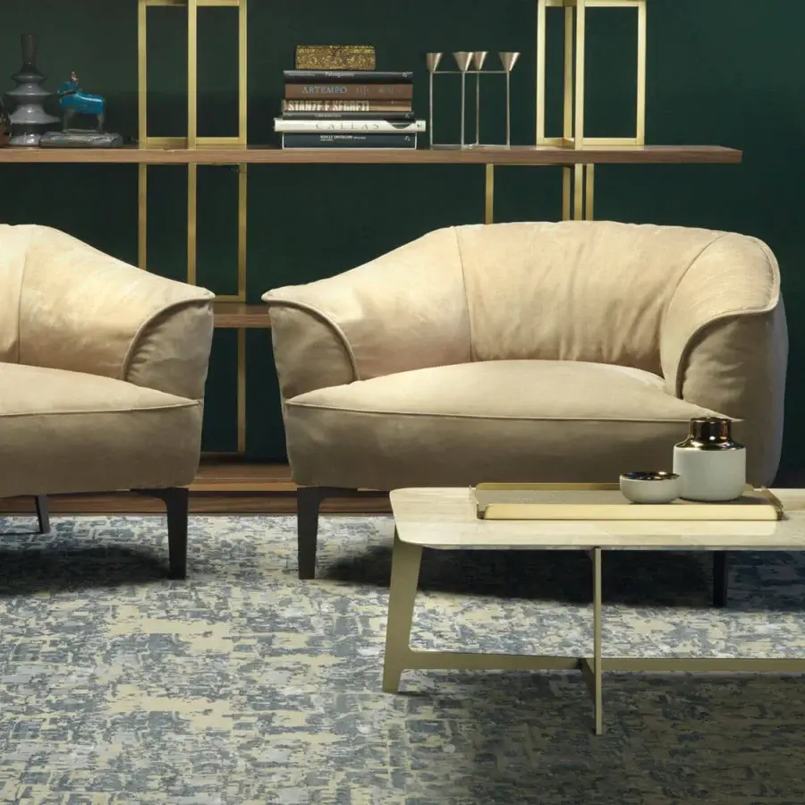 Exceptional Borzalino B Series coffee table with a variegated light beige and tan marble top and muted gold galvanized metal base