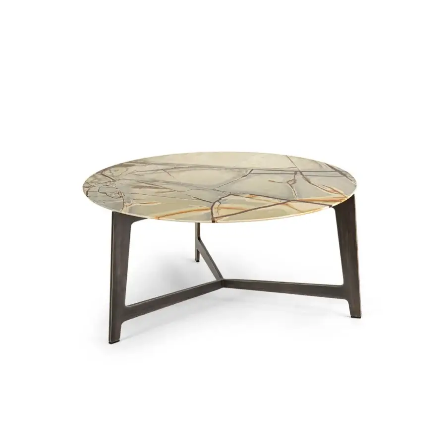 Superior Borzalino B Series coffee table with a round marble top displaying beige, brown and gray tones and a lacquered matte metal base