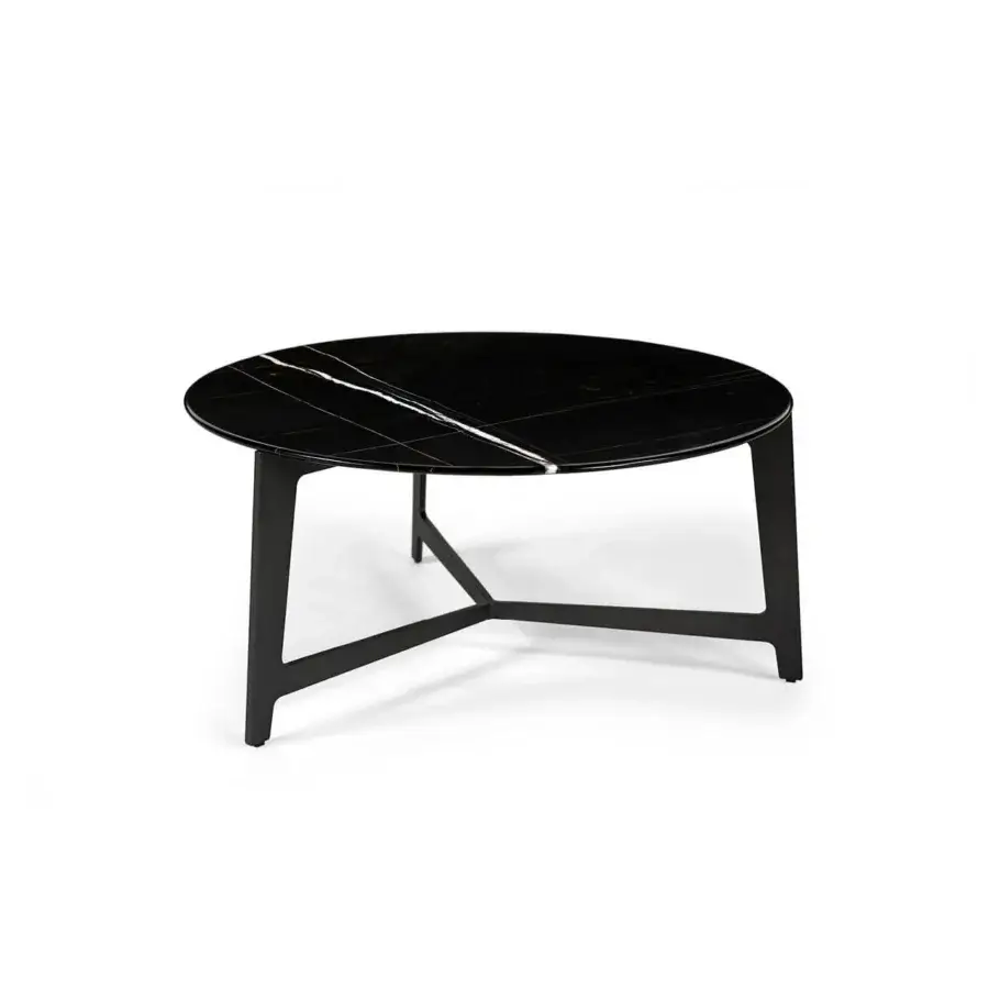 Distinguished Borzalino B Series coffee table with a round marble top and sleek black lacquered metal base crafted in Italy