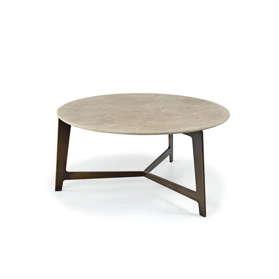 Elegant Borzalino B Series coffee table with a round marble top exhibiting a matte finish and dark metal base