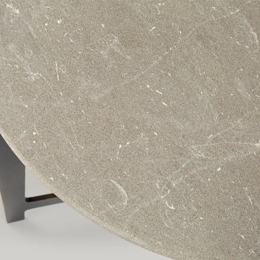 Distinguished Borzalino B Series coffee table with a speckled gray marble top and dark lacquered metal base