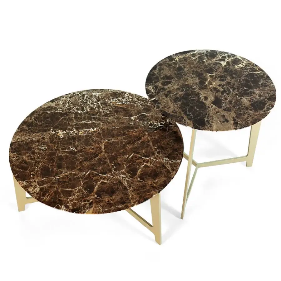 Superior Borzalino B Series coffee table with dark brown marble top and matte gold lacquered metal base crafted in Italy