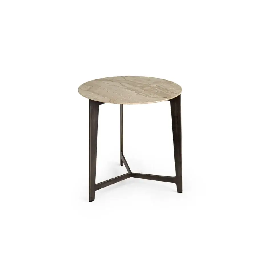 Distinguished Borzalino B Series coffee table with light marble top and lacquered dark metal three-legged base