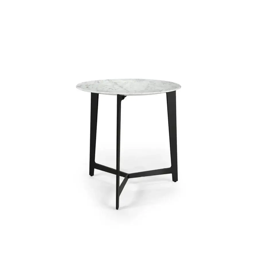 Elegant Borzalino B Series coffee table with white marble top and matte black lacquered metal tripod base crafted in Italy