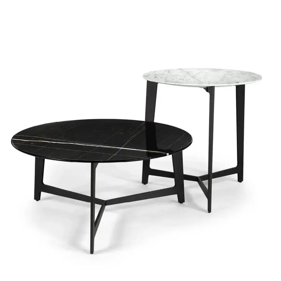 Superior Borzalino B Series coffee table with tiered black and white marble surfaces and glossy finish in lacquered metal