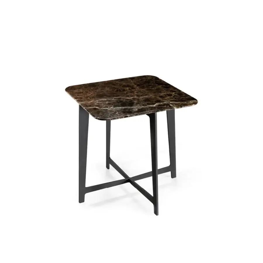Distinguished Borzalino B Series coffee table with a rounded square marble top and dark galvanized metal base