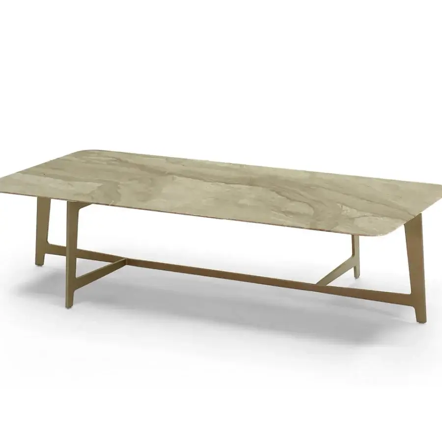 Elegant Borzalino B Series coffee table with beige and cream marble top and lacquered light gold toned metal base