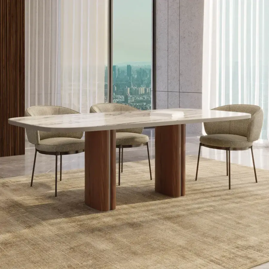 Superior Horm Trafalgar table with smooth faux marble top and wooden base built with metallic inserts