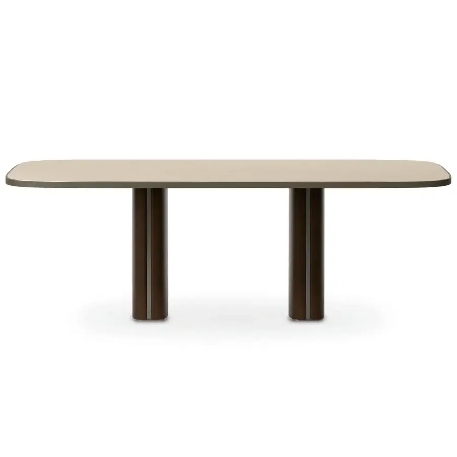 Elegant Horm Trafalgar table with a light beige Fenix top and dark olive green edge, built with dark brown wooden legs and silver inserts