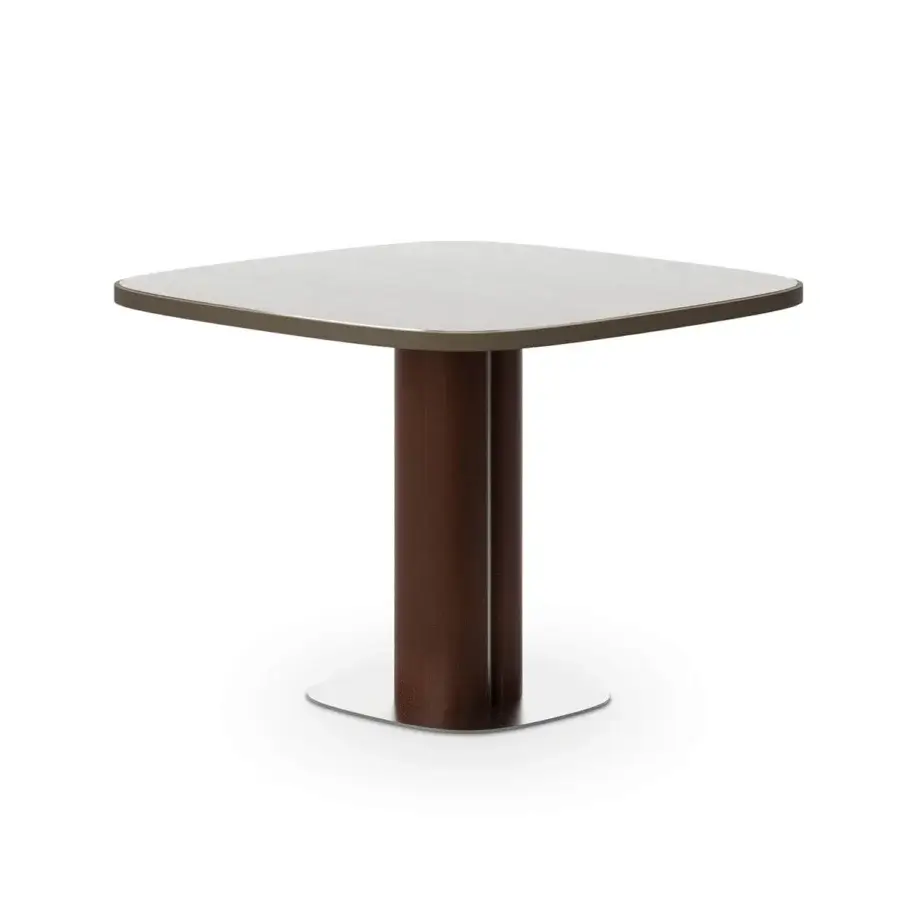 Architectural Horm Trafalgar table with a light gray Fenix tabletop and dark matte brown wooden base built with a silver metal insert