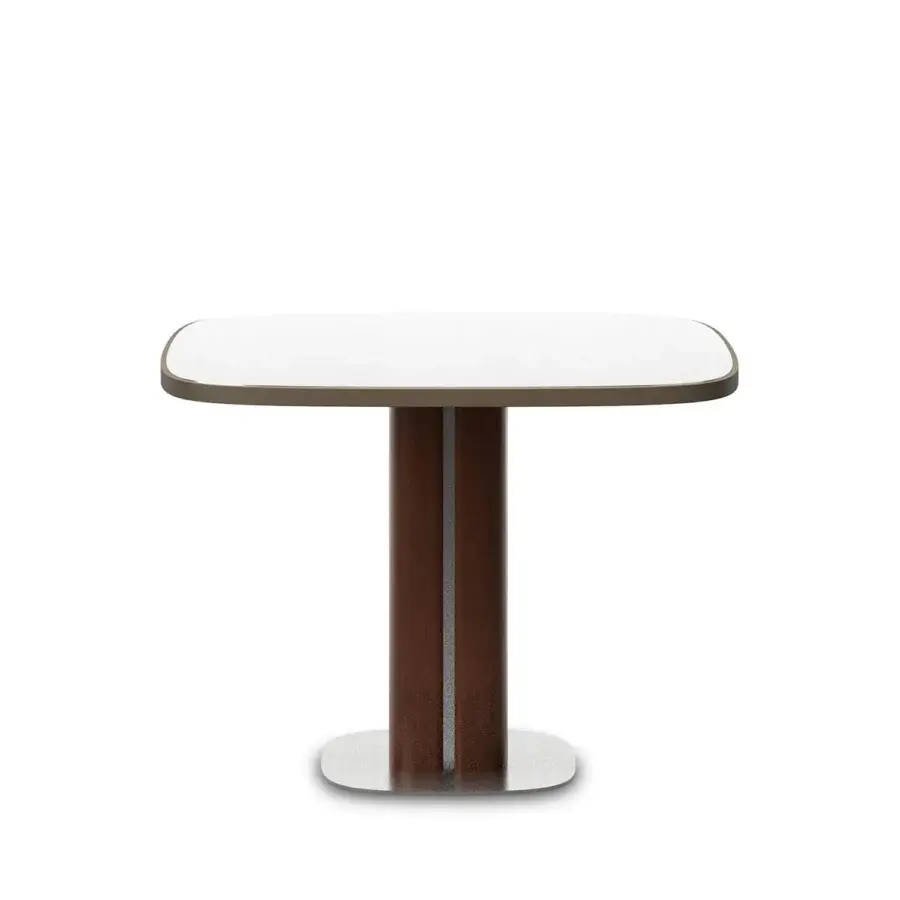 Superior Horm Trafalgar table with a matte white Fenix top and silver metallic inserts built with a wooden base