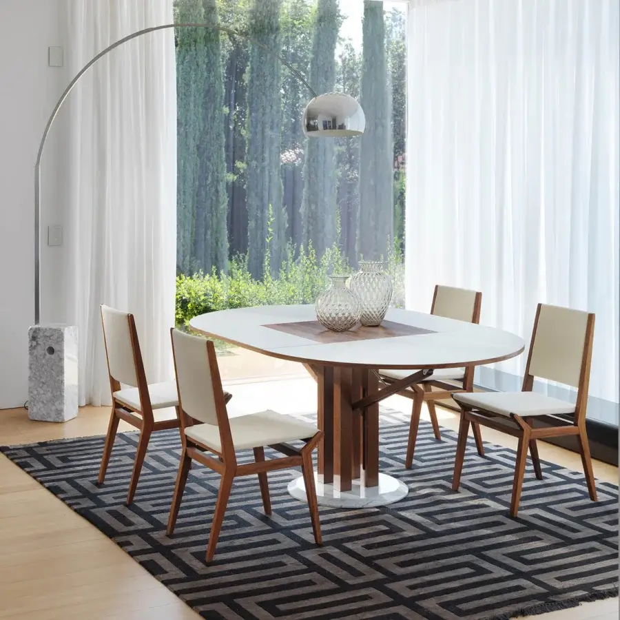 Exceptional Horm Tribeca chair built in Italy with comfortable light cream textile and warm brown solid wood frame