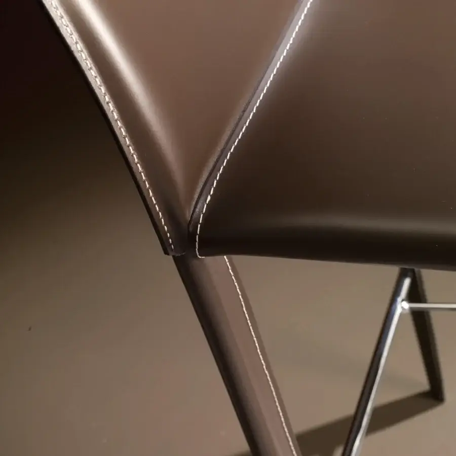 Superior Bontempi Linda stool upholstered in smooth brown hide leather with light-colored stitching and sleek metal legs