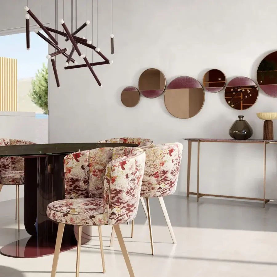 Elegant Borzalino B Series console with rounded marble top and lacquered metal base in light golden tone