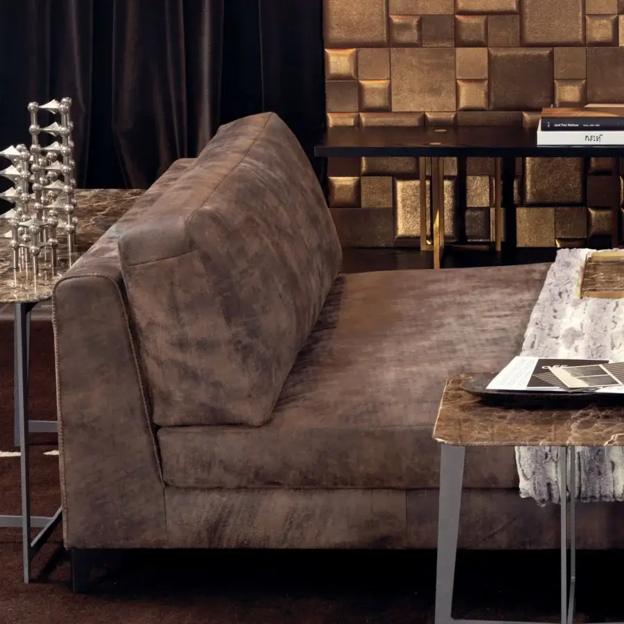 Exclusive Borzalino B Series console with rounded rectangular marble top and dark lacquered metal base crafted with geometric details