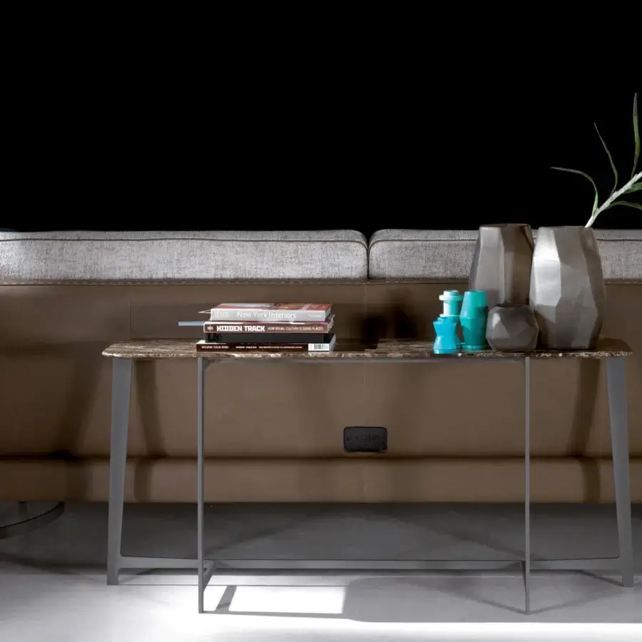Elegant Borzalino B Series console with rounded marble top displaying brown, gray, and cream tones in lacquered dark gray metal