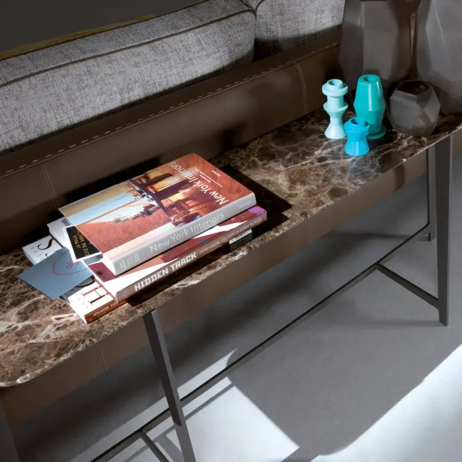 Superior Borzalino B Series console with rectangular marble top and stylish matte metal base displaying a glossy finish