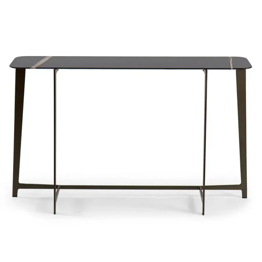 Distinguished Borzalino B Series console with rounded rectangular marble top and dark bronze lacquered metal base