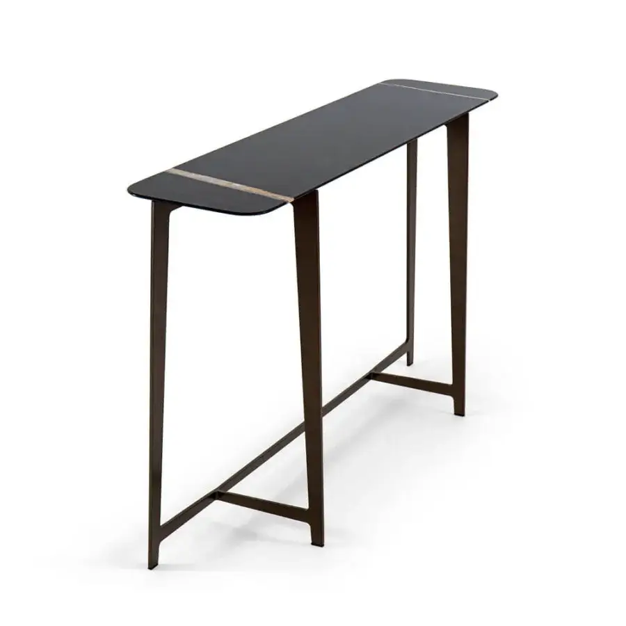 Exceptional Borzalino B Series console with rounded rectangular marble top and lacquered dark brown metal base