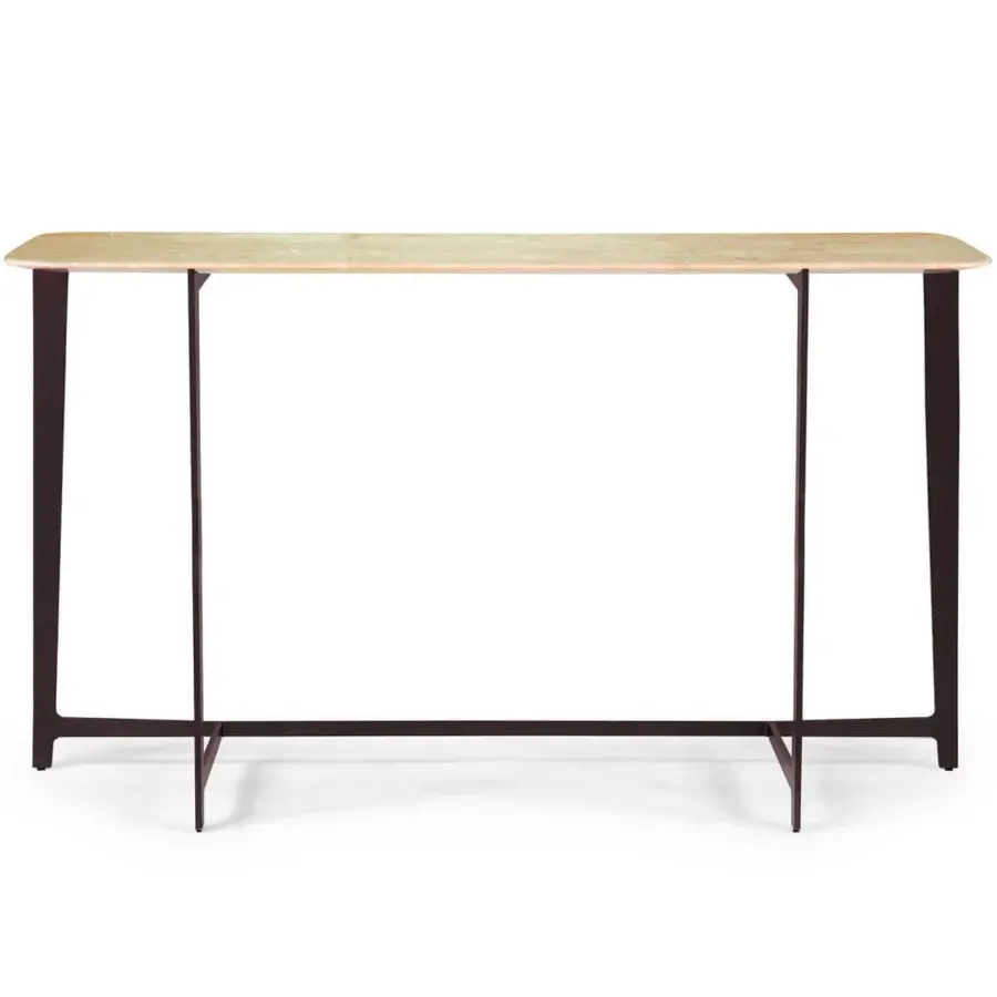 Elegant Borzalino B Series console with light marble top and dark matte lacquered metal base crafted with fine geometries