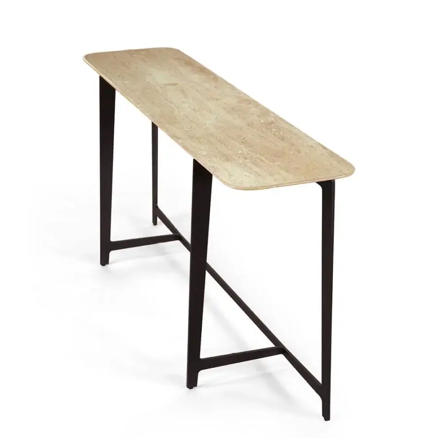 Distinguished Borzalino B Series console with light beige marble top and lacquered dark matte metal base crafted with geometric lines