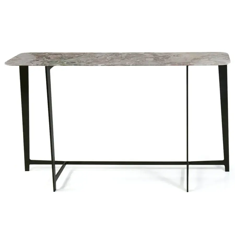 Elegant Borzalino B Series console with rounded marble top and sleek black lacquered metal base